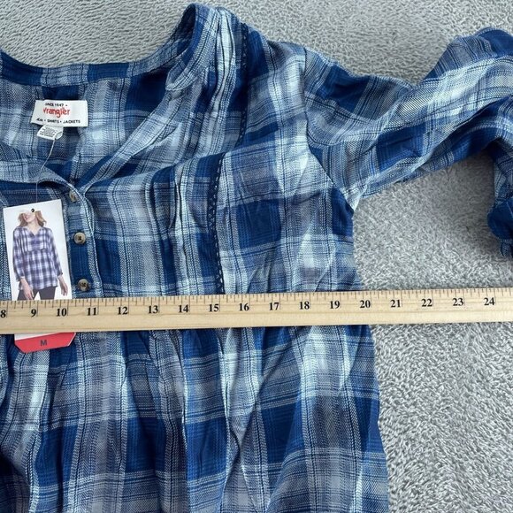 Wrangler Womens Blue Plaid Button-Front 3/4 Sleeve Tunic Top M Viscose NWT 0150 - Picture 6 of 9